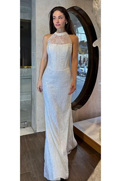 SpringStore Ekru Halter Yaka Payet İşlemeli Dantel Abiye