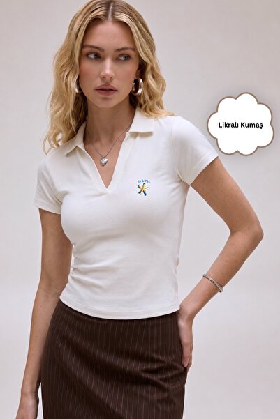 GIA - ART Tricou de bază cu guler polo Perla Mare pentru femei, alb – 100% bu...