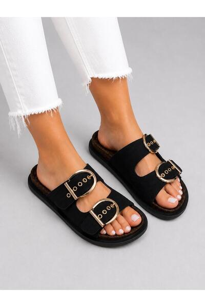 redtan Women's Black Double Buckle Slippers Orthopedic Cork Sole Comfortable ...