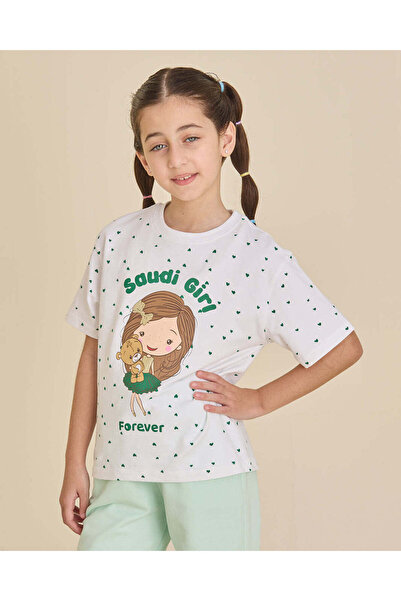 REDTAG Girls White Saudi Girl Print T-Shirt