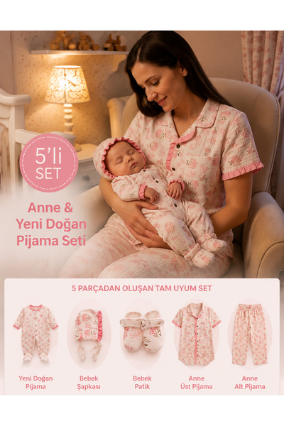 elite by seba Yeni Doğan 5'li Anne Bebek Kombin Pijama Takımı – Tulum, Şapka,...
