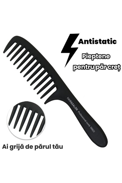 OEM Pieptene cu dinți rari pentru păr creț, lung și des, negru, 20,5 cm
