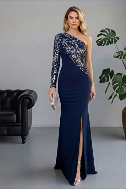 ALFUDO Moda Collection Lacivert Tek Omuz Taş İşlemeli Yırtmaçlı Balık Abiye &...