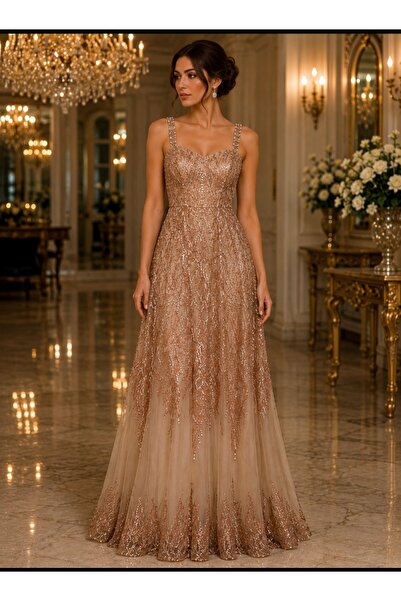 Papatyambutik Payet işlemeli Balıkesir abiye elbise Rose Gold