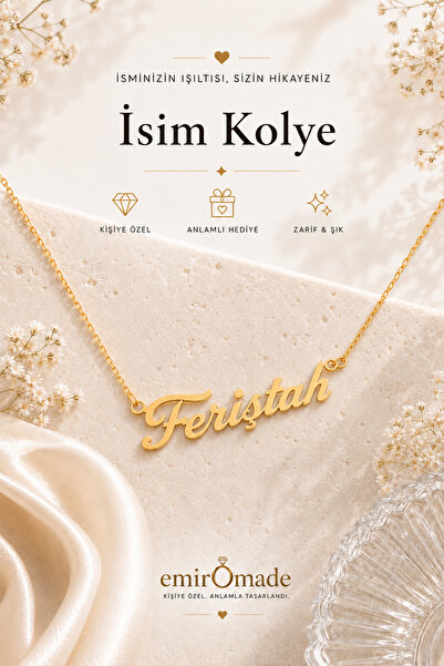 emirOmade 925 Ayar Gümüş Kişiye Özel İsimli Kolye Gold Rengi 14 Ayar Altın Ka...