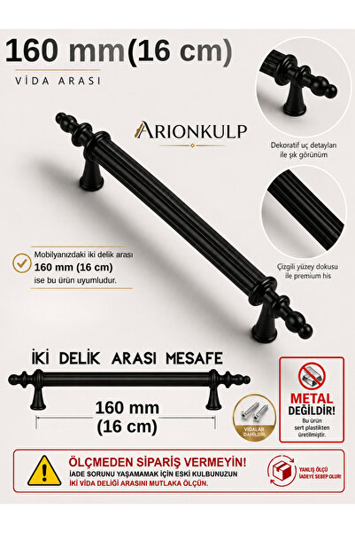 Arion Siyah Kulp 160 Mm Sert Polimer Kulp MOBİLYA MUTFAK BANYO (Vidalar dahil...