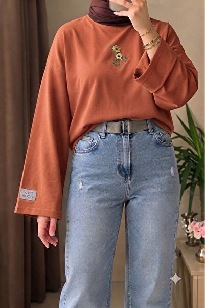 onlymoon Nakış Detaylı Geniş Kol Penye Tesettür Body Bluz Kadın Oversize Uzun...