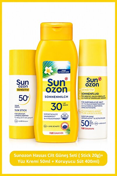 SunOzon Hassas Cilt Güneş Seti (Stick 20g+ Yüz Kremi 50ml+ Koruyucu Süt 400ml)
