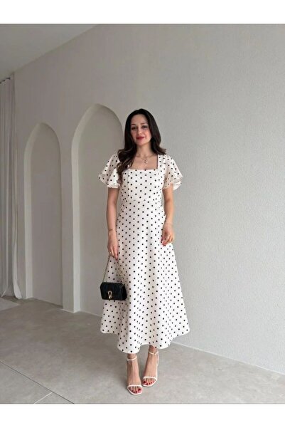 heree Women's Polka Dot Square Neck Flounce Sleeve Waist Fitted Midi Dress Ca...