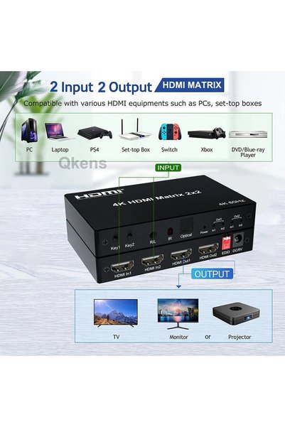 DESTE ELEKTRONİK HDMI Matrix 2x2 Matrix Anahtarı 2 in 2 Out Switcher 4K 60Hz 2x2 HDMI matrix 4K 60Hz değiştirici 2 in 2 out optik & R/L ses çıkışı