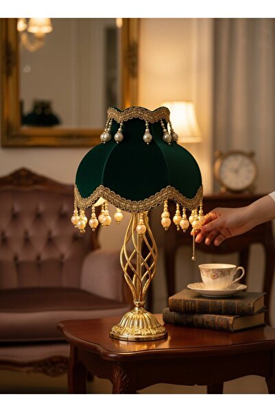 Dekovien Hürrem Yeşili Velvet Gold Embroidered Headboard Metal Gold Color Leg...