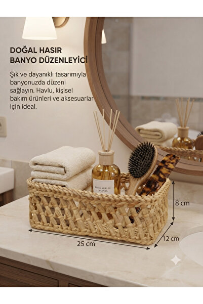 EM&MA DESİNG Doğal El Örgüsü Hasır Banyo Organizer Sepet – 25x12x8 cm – Şık v...