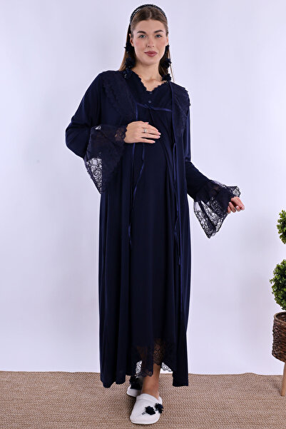 Effortt Cotton Maternity Nightgown Set with Hidden Nursing Features - Navy Blue