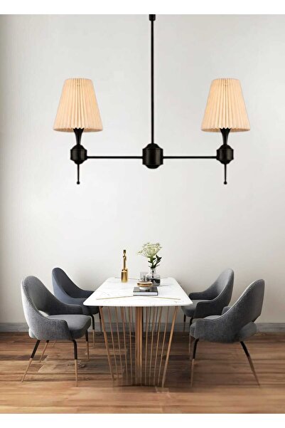 BSA LIGHTING DİLA 2'li SİYAH BOYALI MODERN AVİZE ( PİLİSELİ KONİK KREM ABAJURLU)