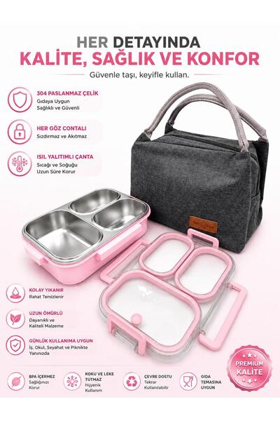 valkyrie 304 Paslanmaz Çelik 3 Bölmeli Pembe Lunch Box Termal Çantalı – Sızdırmaz Kapaklı Beslenme Kabı,