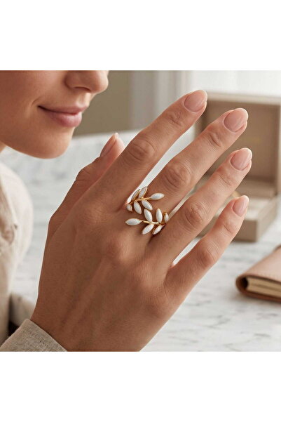 HOBİSY GIFT SHOP Adjustable Gold Plated White Colored Leaf Ring