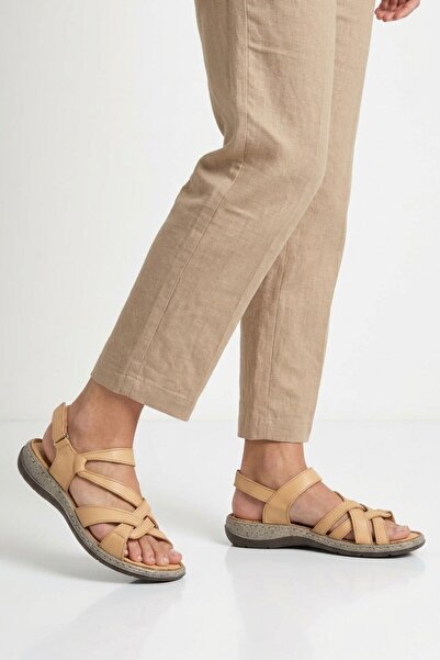 Aspor Beige Genuine Leather Women's Flat Sandals