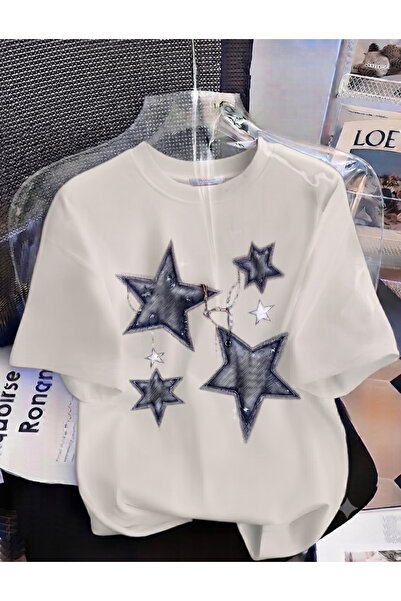 KOZAİ OUTDOORS Women's Oversize Crew Neck / Chain 4 Star Printed Combed Cotto...
