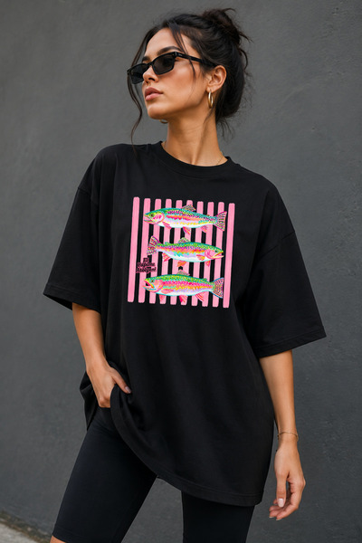 Impress Oversize Casual T-Shirt, Fish Printed Loose Fit Unisex 100% Cotton Br...