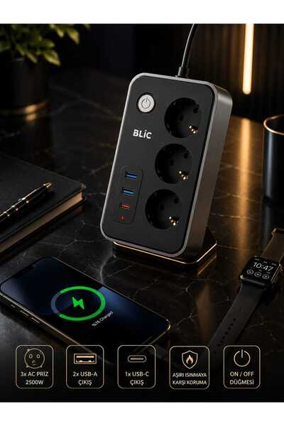 ikel elektro BLIC 2500W Akım Korumalı 3'lü Priz 2 USB-A 1 USB-C PD20W Hızlı Ş...