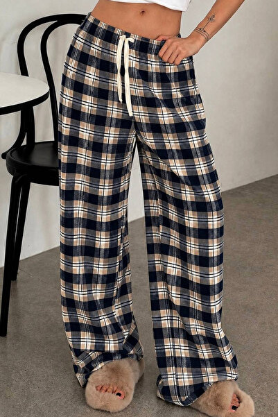 İlayda Toprak Plaid Beige Square Striped Unisex Loose Fit Elastic Waist Lace-...