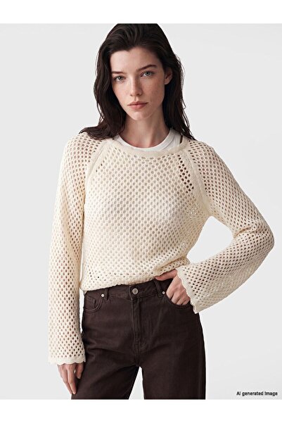 LC Waikiki Lcw Comfort Ecru Crew Neck Lace-Like Knit Women's Knitwear Sweater