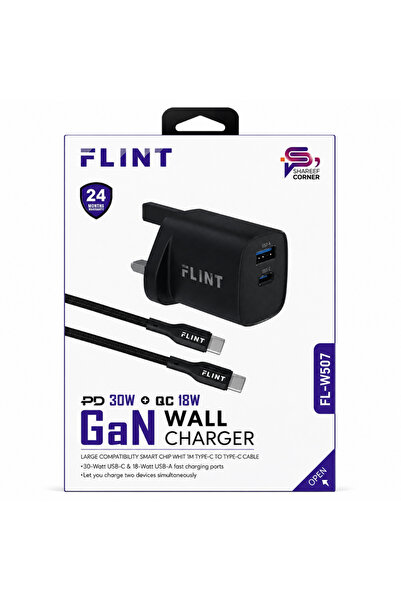 FLINT FL-W507 30W Fast Wall Charger with Built-In USB-C Cable - All-in-One Ch...