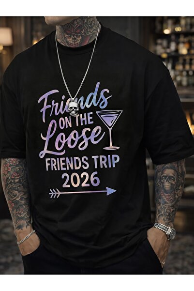 BASEPULSE تي شيرت رجالي بطبعة ON THE LOOSE FRIENDS TRIP 2026 - قميص بقصة مريح...
