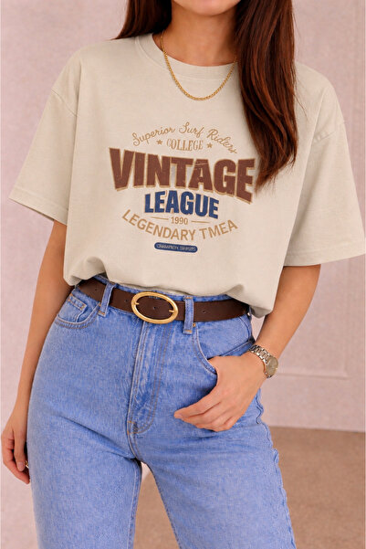 SANTAMİLA Beige Vintage Printed Oversize T-shirt