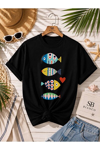 SB BİANCO تي شيرت Sea Vibes مطبوع عليه سمكة بتصميم فاخر للجنسين