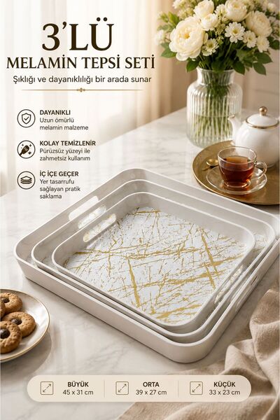 Tercih Home 3-Piece Marble Patterned Gold Cream Melamine Tray with Handles Pr...