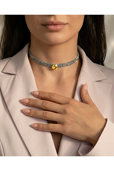 Eva Takı Store Cord Chain Knitted Crystal Stone Handmade Choker Necklace Yell...