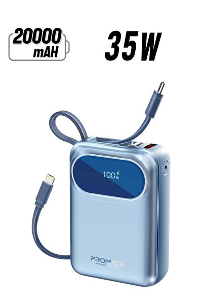 Promate 20000mAh Power Bank with Built-in Lightning & USB-C Cables, 35W PD, 2...