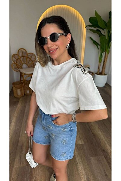 HepsitrentStore White Color Shoulder Star Embroidered Casual Modal T-Shirt