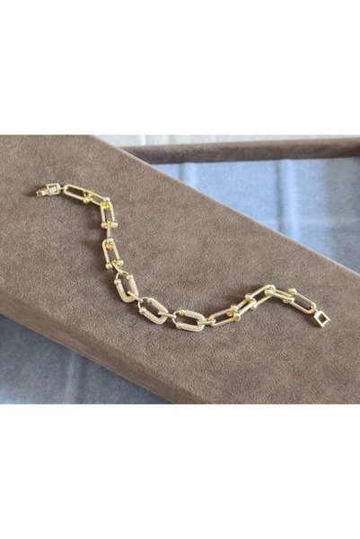 MuseumofYou T Model Bracelet, Zircon Stone Detail, Gold Color Plated, Medium Thickness, Bead Length 1.5 cm