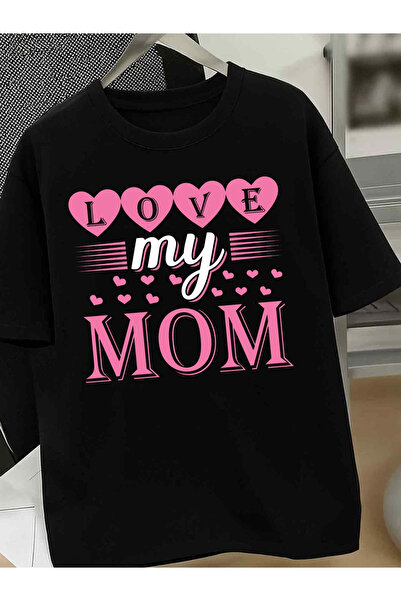 1001 Line تي شيرت نسائي ممتع بطبعة 'I Love My Mom'، 180 جرام، أسود بأكمام قصي...
