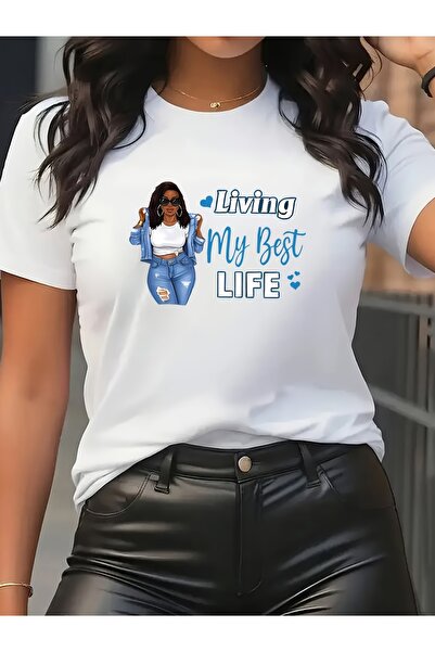 2mcup تي شيرت بتصميم "Living My Best Life" ناعم ومرن مع شعار Y2K، قميص أبيض ب...