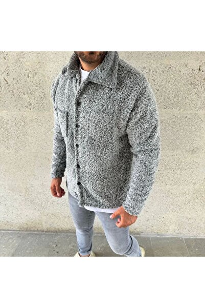 Generic Brand Men's Plush Fleece Cardigan Shirt with Collar, Buttoned Chest P...