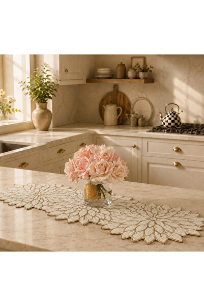 Miba Concept Boncuk İşlemeli Dekoratif Masa Runner 30x90 cm | Krem Gold Çiçek...