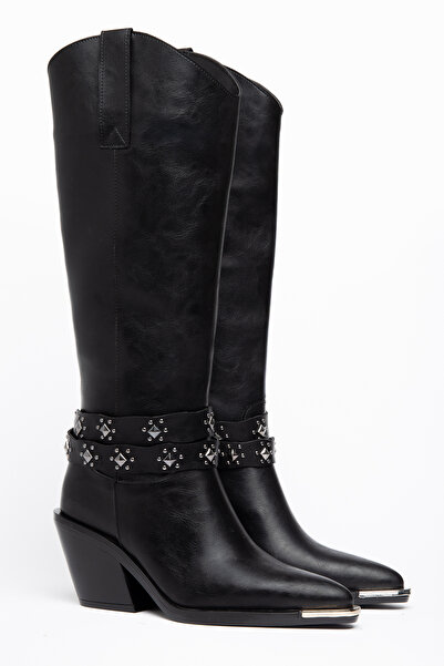 DENORA Black Matte Leather Metal Toe Cap Below Knee Staple Belt Detail Wester...