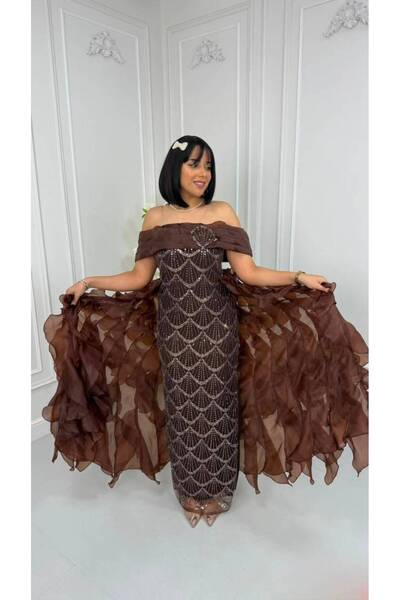 TREN Brown Beaded Evening Dress