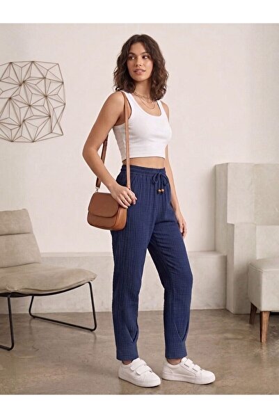 Flubutik Women's Navy Blue Muslin Cotton Pleated Trousers