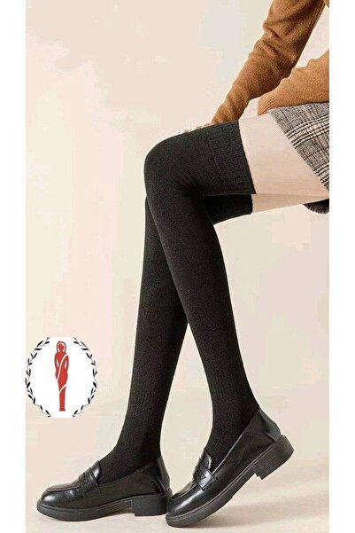 FashionApp Șosete de damă, Colanți peste genunchi, Lână, Negru