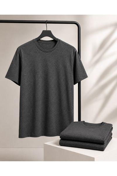 Hediyesepeti Erkek Regular Fit Bisiklet Yaka Kısa Kollu Tişört %100 Pamuklu T-Shirt Füme/Antrasit Renk