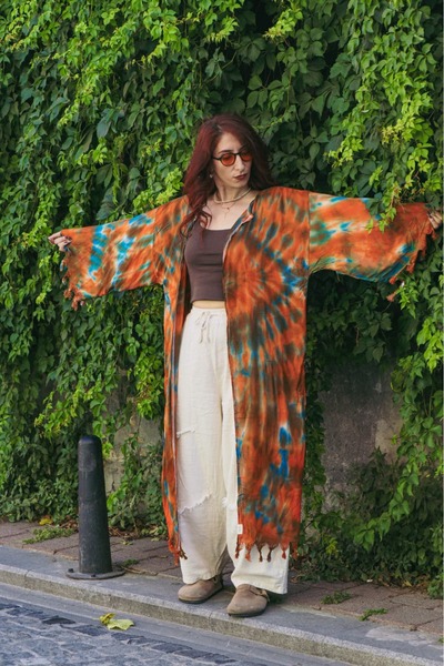 Oiki Unisex Batik Etnik Desenli Çok Renkli Pamuk Kimono ,Kaftan ,Plaj Kimonos...