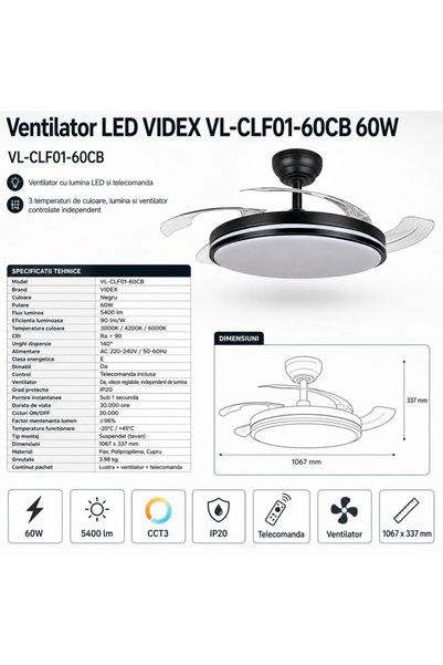 proled Lustra LED cu Ventilator de Tavan, VIDEX, 60W, Negru, Dimabil, Telecomandă Inclusă