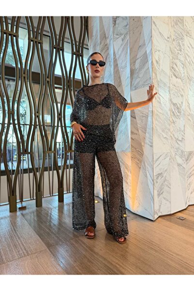YK FASHION File Detaylı Işıltılı Pantolon Takım