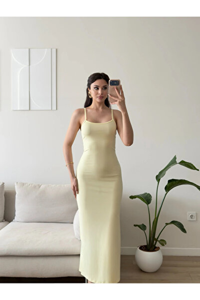 Zoom Butik Ayarlanabilir Askı Scuba Long Elbise - SARI