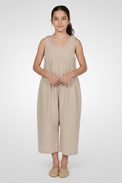 Litlhood Kids Girl Sleeveless Plain Jumpsuit, Beige