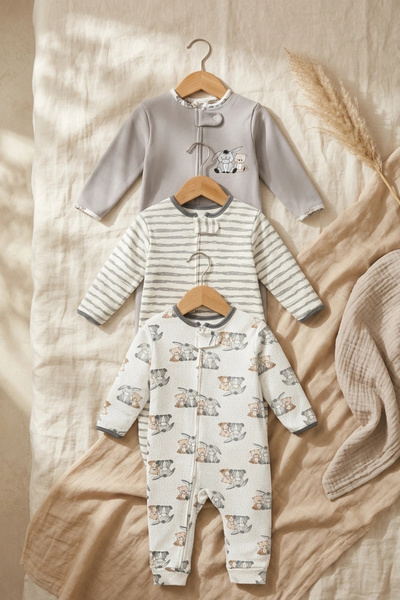 Mıdırık Nube Soft Pamuklu 3'lü Bebek Tulum Seti - Gri & Ekru Hayvan Figürlü Çizgili Desenli Fermuarlı Pijama